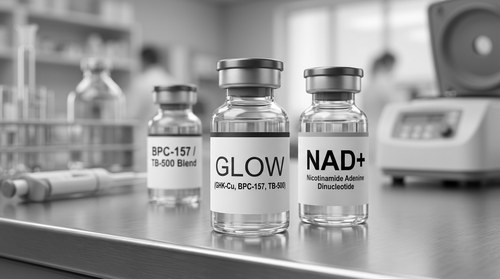 GLOW peptide blend (GHK-Cu, BPC-157, TB-500) and NAD plus vials prepared on a sterile clinical surface, illustrating the post-operative peptide recovery protocol prescribed by Dr. Frank Agullo, MD, FACS, double board-certified plastic surgeon at Southwest Plastic Surgery in El Paso, Texas