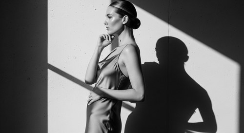 Editorial black and white side-profile portrait of a postpartum woman in a silk slip, one hand resting across her midsection, sculptural side light casting a long architectural shadow on the wall behind her. Dr. Frank Agullo, MD, FACS, double board-certified plastic surgeon in El Paso, Texas, on diastasis recti and the insurance gap.