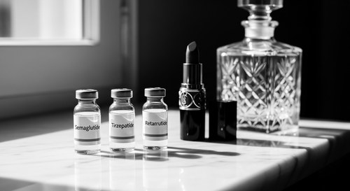 Three vials of compounded semaglutide, tirzepatide, and retatrutide on a vanity, greyscale editorial image, GLP-1 weight loss program at Southwest Plastic Surgery overseen by Frank Agullo, MD, FACS, double board-certified plastic surgeon in El Paso, Texas