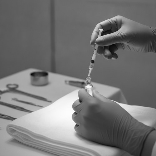 Black and white editorial close-up of a fine syringe held in gloved hands in soft side light. The many uses of botulinum toxin, by Dr. Frank Agullo, MD, FACS.