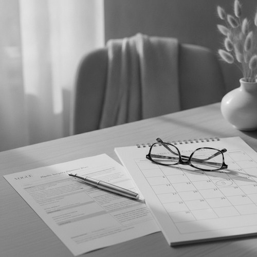 Black and white editorial still of a printed surgical quote and a calendar on a desk in soft side light. Aesthetic planning commentary by Dr. Frank Agullo, MD, FACS.