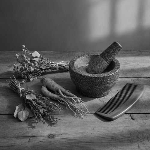 Black and white editorial still of dried botanical herbs beside a mortar in soft side light. Traditional Chinese medicine and hair loss, by Dr. Frank Agullo, MD, FACS.