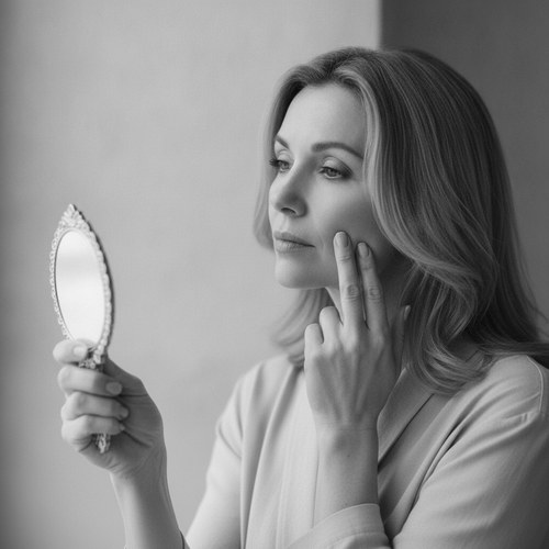 Black and white editorial portrait of a woman in profile in soft side light, jaw and cheek defined. Nonsurgical lifting commentary by Dr. Frank Agullo, MD, FACS.