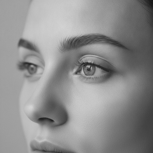 Black and white close study of a woman's eyes in soft light, rested and open. Eyelid surgery commentary by Dr. Frank Agullo, MD, FACS.