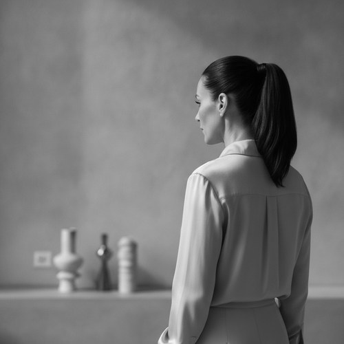 Black and white profile portrait of a woman with hair pulled back into a ponytail, jawline catching the light. Ponytail deep plane facelift commentary by Dr. Frank Agullo, MD, FACS.