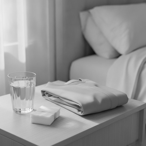 Black and white editorial still of recovery essentials, a compression garment and water. Recovery and aftercare read by Dr. Frank Agullo, MD, FACS.
