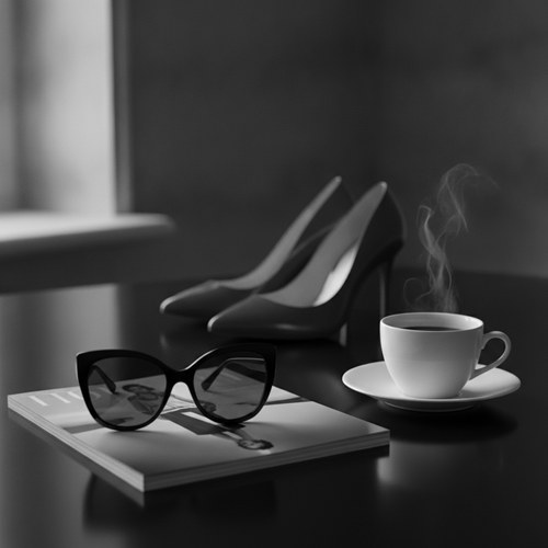 Black and white still life of a fashion magazine, sunglasses, and a coffee cup on a designer desk. Commentary on the Devil Wears Prada cast by Dr. Frank Agullo, MD, FACS.