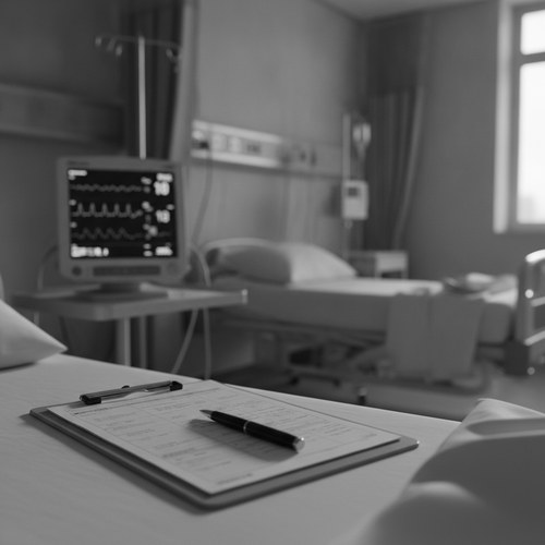 Black and white photograph of a bedside monitor and a clipboard chart in a quiet hospital room. Commentary on postoperative infection by Dr. Frank Agullo, MD, FACS.