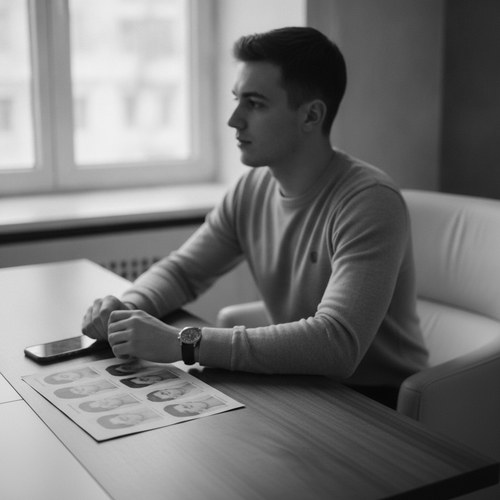 Black and white editorial photo of a young man in a modern aesthetic consultation setting. Commentary by Dr. Frank Agullo, MD, FACS.