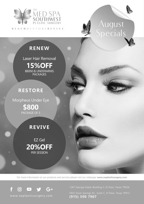 August Med Spa Specials flyer, Renew Restore Revive promotions at The Med Spa at Southwest Plastic Surgery, Frank Agullo, MD, FACS, double board-certified plastic surgeon in El Paso, Texas