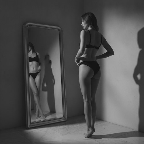 Black and white editorial photograph of a confident woman in a bikini, viewed from behind, looking at her own reflection in a mirror. Breast augmentation cost commentary by Frank Agullo, MD, FACS.