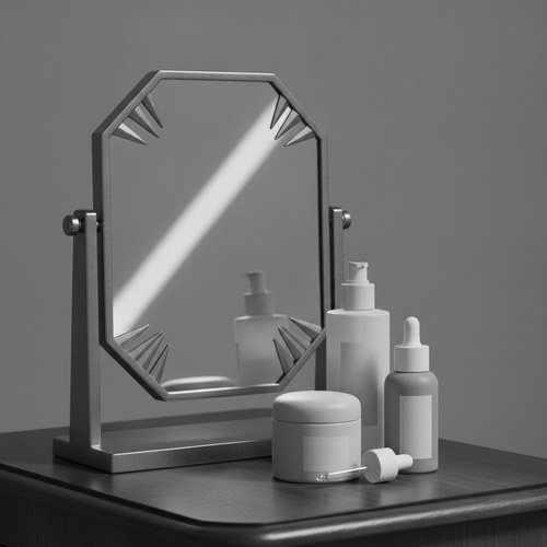 Black and white editorial photograph of a vintage vanity mirror layered with contemporary skincare bottles. Commentary on American beauty standards by Dr. Frank Agullo, MD, FACS.