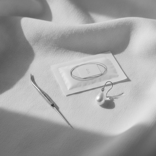 Black and white editorial close-up of a single pearl drop earring resting beside fine suture material on a linen surface. Earlobe repair editorial by Dr. Frank Agullo, MD, FACS.