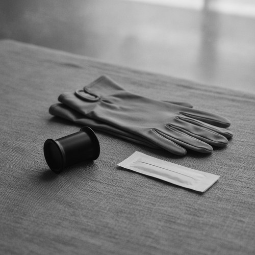 Black and white editorial still life of a black ear gauge plug retired beside fine surgical sutures on a linen surface. Ear gauge repair editorial by Dr. Frank Agullo, MD, FACS.