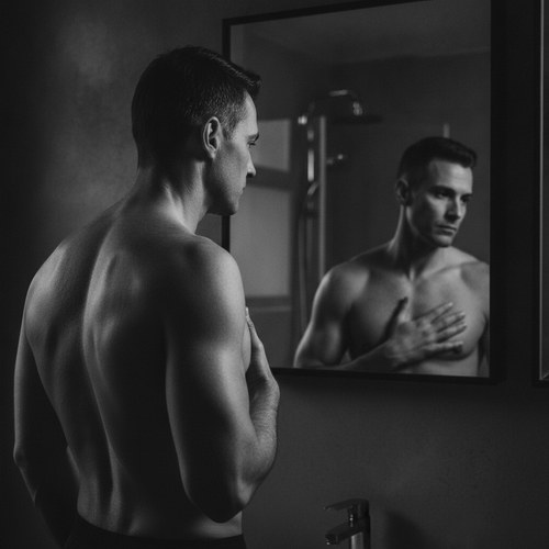Black and white editorial photograph of a man seen from behind, looking at his own reflection in a mirror, hand resting on his chest. Gynecomastia surgery cost commentary by Frank Agullo, MD, FACS.