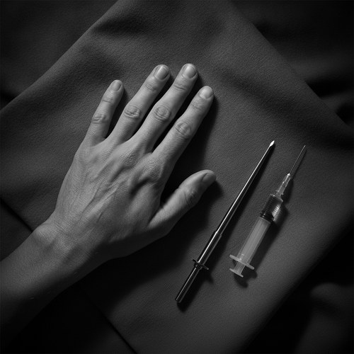Black and white editorial close-up of a hand resting on a sterile drape beside a fine cannula. Hand filler safety commentary by Frank Agullo, MD, FACS.