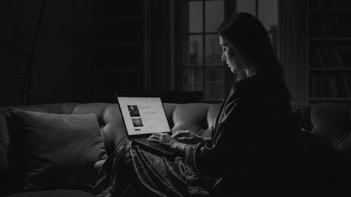 Black and white photograph of a woman in a robe reading a medical practice website on a laptop at night, illustrating clinic website transparency commentary by Frank Agullo, MD, FACS.