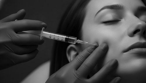 Black and white close-up of a gloved injector's hands treating a patient's cheek with a fine needle. Skin booster editorial by Dr. Frank Agullo, MD, FACS.