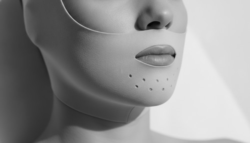 Black and white editorial close-up of a jawline compression strap on a mannequin form, illustrating jawline strap safety commentary by Frank Agullo, MD, FACS.