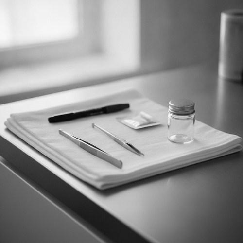 Black and white editorial still life of a surgical marking pen, fine forceps, and a specimen jar on a bare surface. Minor excision editorial by Dr. Frank Agullo, MD, FACS.