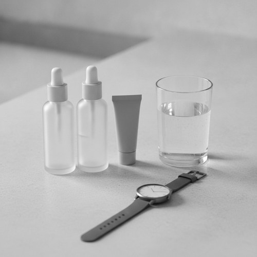 Black and white still life of skincare bottles beside a running watch and a glass of water on a stone counter. Commentary on skin longevity by Dr. Frank Agullo, MD, FACS.