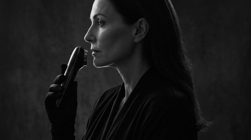 Black and white editorial image of a radiofrequency skin tightening treatment, illustrating commentary by Frank Agullo, MD, FACS.