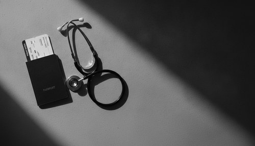 Black and white editorial image of a passport and boarding pass beside a stethoscope, illustrating medical tourism safety commentary by Frank Agullo, MD, FACS.
