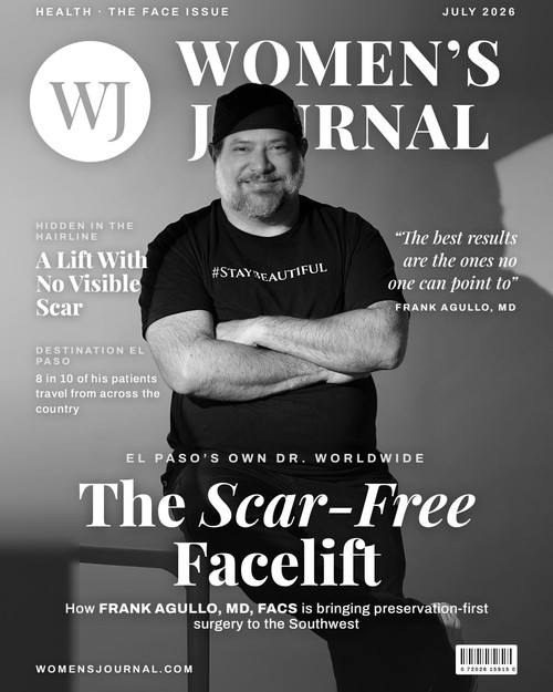 July 2026 Women's Journal cover featuring Dr. Frank Agullo and the scar-free facelift story.