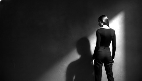Black and white photograph of a woman in a fitted dark top and tailored trousers standing against a dark wall, seen from behind at a three-quarter angle, hard side light on one shoulder. Illustrative image, not a patient. Commentary by Frank Agullo, MD, FACS.