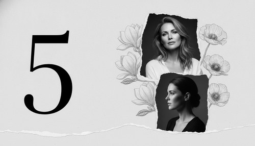 Black and white torn-paper collage of two cut-out portraits with engraved magnolia beside a large numeral five.