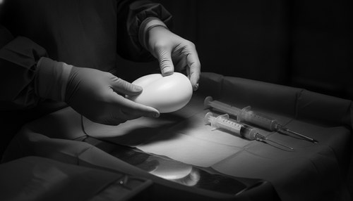 Black and white photograph of a surgeon's gloved hands holding a smooth silicone gluteal implant above a draped surgical tray, fat grafting syringes beside it. Commentary by Frank Agullo, MD, FACS.