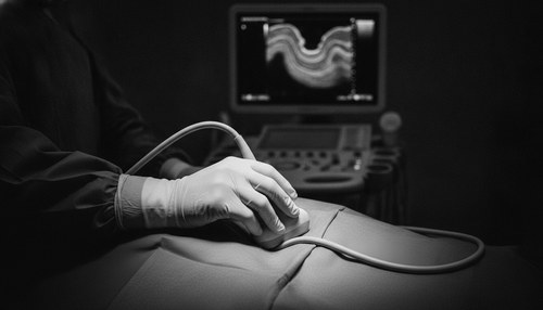 Black and white photograph of a surgeon's gloved hands holding an ultrasound probe against a draped surgical field during gluteal fat grafting. Commentary by Frank Agullo, MD, FACS.
