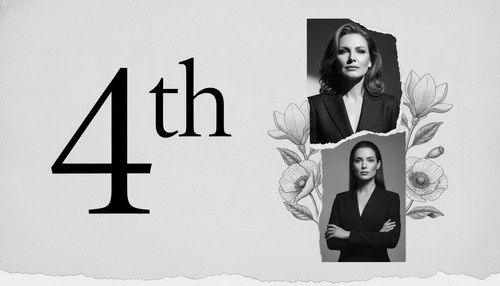 Black and white torn-paper collage of two cut-out portraits of poised women with engraved magnolia beside a large numeral reading 4th.