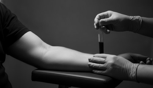 Black and white portrait-style consultation setting representing monitored peptide therapy