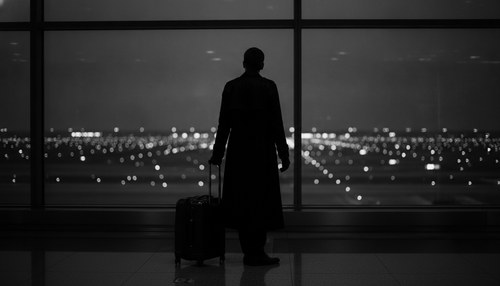 Black and white photograph of a person seen from behind at a large airport window at dusk, a small carry-on bag at their side, the runway lights blurred beyond the glass. Illustrative image, not a patient. Commentary by Frank Agullo, MD, FACS.