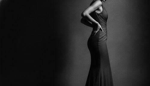 Black and white photograph of a person in a fitted dress seen from behind against a dark wall, one hand resting on the narrowest point of the waist, hard side light. Illustrative image, not a patient. Commentary by Frank Agullo, MD, FACS.