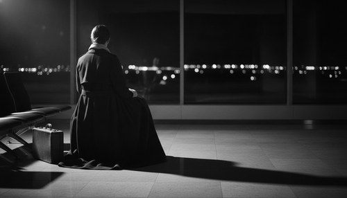 Black and white photograph of a woman in a long dark coat seated alone in an airport lounge at night, seen from behind, a small suitcase beside her. Illustrative image, not a patient. Commentary by Frank Agullo, MD, FACS.