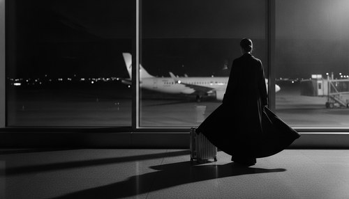 Black and white photograph of a woman in a long dark coat standing alone at an airport window at night, seen from behind, a small suitcase beside her and a plane blurred through the glass, hard side light, no face. Illustrative image, not a patient. Commentary by Frank Agullo, MD, FACS.