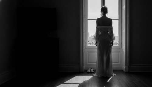 Black and white photograph of a woman in a silk robe standing at a tall bedroom window at dawn, seen from behind, a pair of small children's shoes on the floor beside her, hard side light, no face. Illustrative image, not a patient. Commentary by Frank Agullo, MD, FACS.