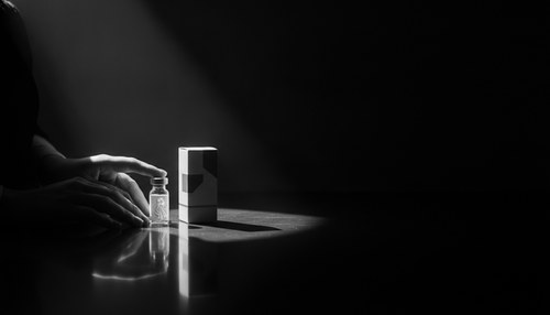 Black and white photograph of a single small glass vial and its sealed box on a dark reflective surface under a hard shaft of light. Illustrative image, generated, not a real product. Commentary by Frank Agullo, MD, FACS.