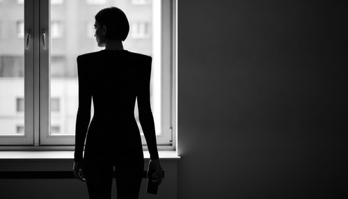 Black and white photograph of a person in a dark fitted top standing at a window with a phone held loosely at their side, seen from behind in hard side light, face turned away and out of frame. Illustrative image, not a patient. Commentary by Frank Agullo, MD, FACS.