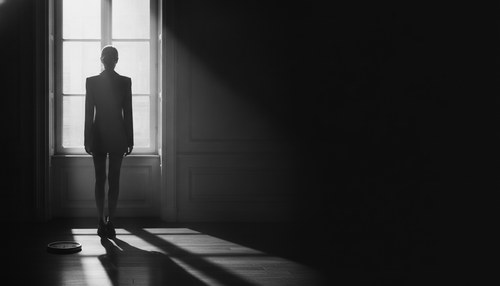 Black and white photograph of a slim woman in a tailored blazer standing at a tall window in a dim room, seen from behind, a bathroom scale on the floor beside her, hard single-source side light, no face. Illustrative image, not a patient. Commentary by Frank Agullo, MD, FACS.