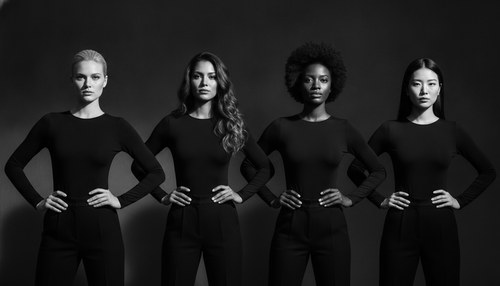 Black and white photograph of four women of different backgrounds in dark fitted clothing standing in a line against a dark studio wall, faces shown, lit by a single hard light. Illustrative image, not patients. Frank Agullo, MD, FACS.