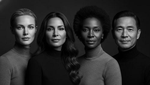 Black and white close portrait of four people of different backgrounds, three women and a man, eyes open and lit by a single hard light. Illustrative image, not patients. Frank Agullo, MD, FACS.