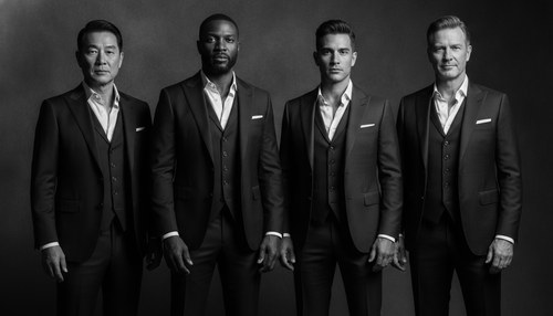 Black and white photograph of four men of different backgrounds and ages standing together against a dark studio wall, faces lit by a single hard light. Illustrative image, not patients. Frank Agullo, MD, FACS.