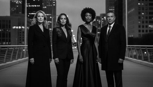 Black and white photograph of four people of different backgrounds standing together against a dark studio wall, faces lit by a single hard light. Illustrative image, not patients. Frank Agullo, MD, FACS.