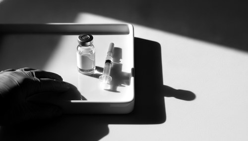Black and white photograph of a gloved hand beside a small unlabeled glass vial and a capped syringe on a bare tray under hard side light, deep shadow around them, no needle exposed, no face. Illustrative image, not a patient. Commentary by Frank Agullo, MD, FACS.