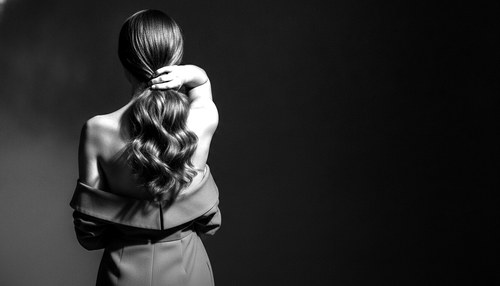 Black and white photograph of a woman's hair seen from behind, gathered in one hand against a dark background, hard side light, no face in frame. Illustrative image, not a patient. Commentary by Frank Agullo, MD, FACS.
