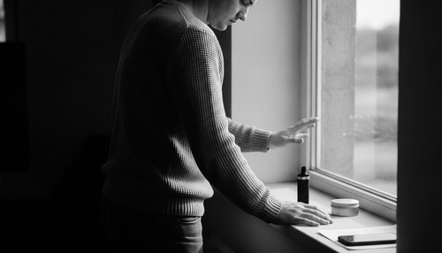 Black and white photograph of a person seen from behind at a window, pushing a vape pen and a small plain tin away along the sill. Illustrative image, not a patient. Commentary by Frank Agullo, MD, FACS.
