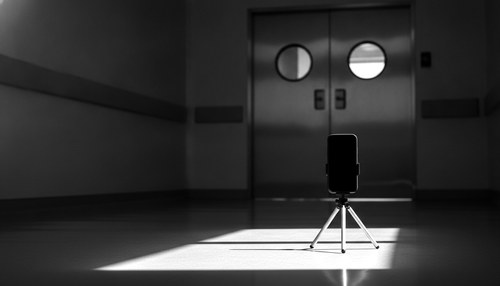 Black and white photograph of a phone mounted on a small tripod in the foreground of a dim corridor outside an operating room, its screen dark, double doors softly out of focus behind it, no people in frame. Illustrative image. Commentary by Frank Agullo, MD, FACS.